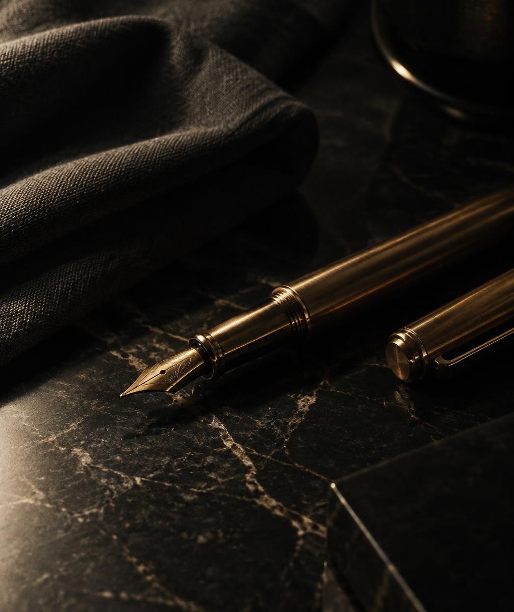 A brass pen resting on dark marble under a single hard light
